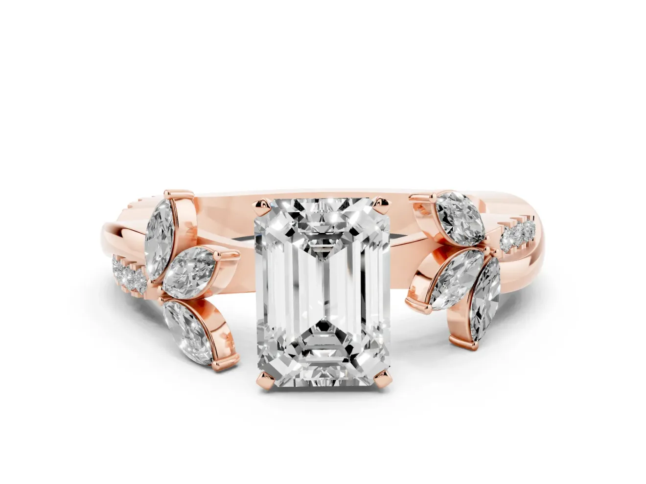 Emerald Cut Floral Vine Engagement Ring Setting | Rose Gold