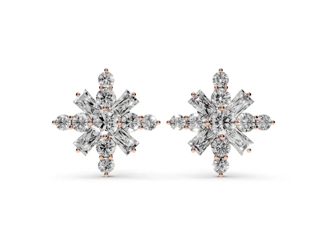 Round Lab-Grown Diamond Snowflake Cluster Stud Earrings | Tapered Baguette Points | Rose Gold