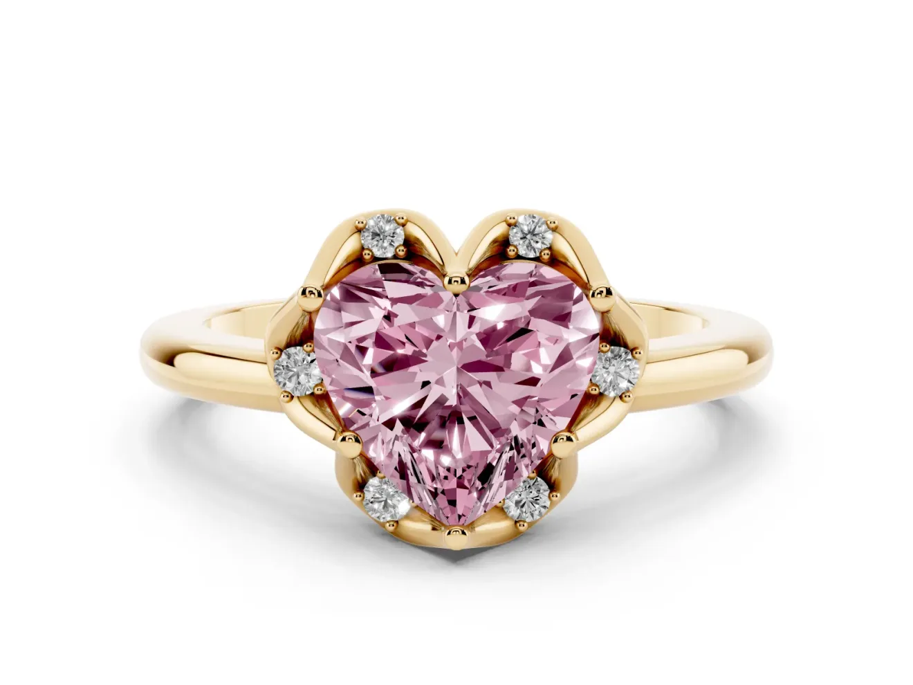 Fancy Pink Heart Cut Diamond Round Cluster Halo Ring Set in Yellow gold with Solitaire Band and Prong Setting