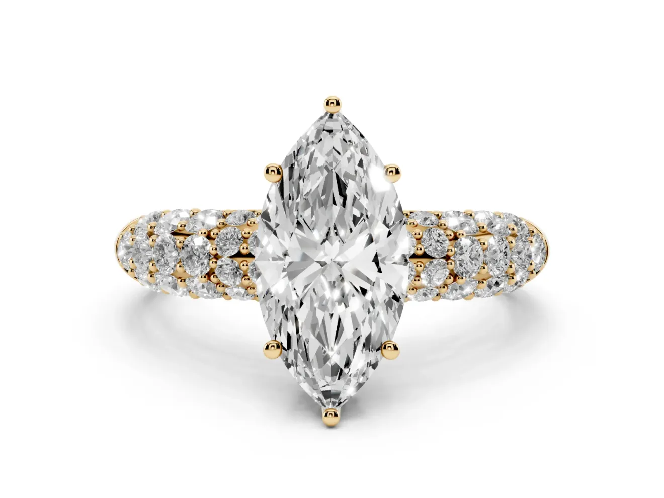 Marquise Multi Row Pave Solitaire Engagement Ring Setting | Domed Shoulders | Yellow Gold