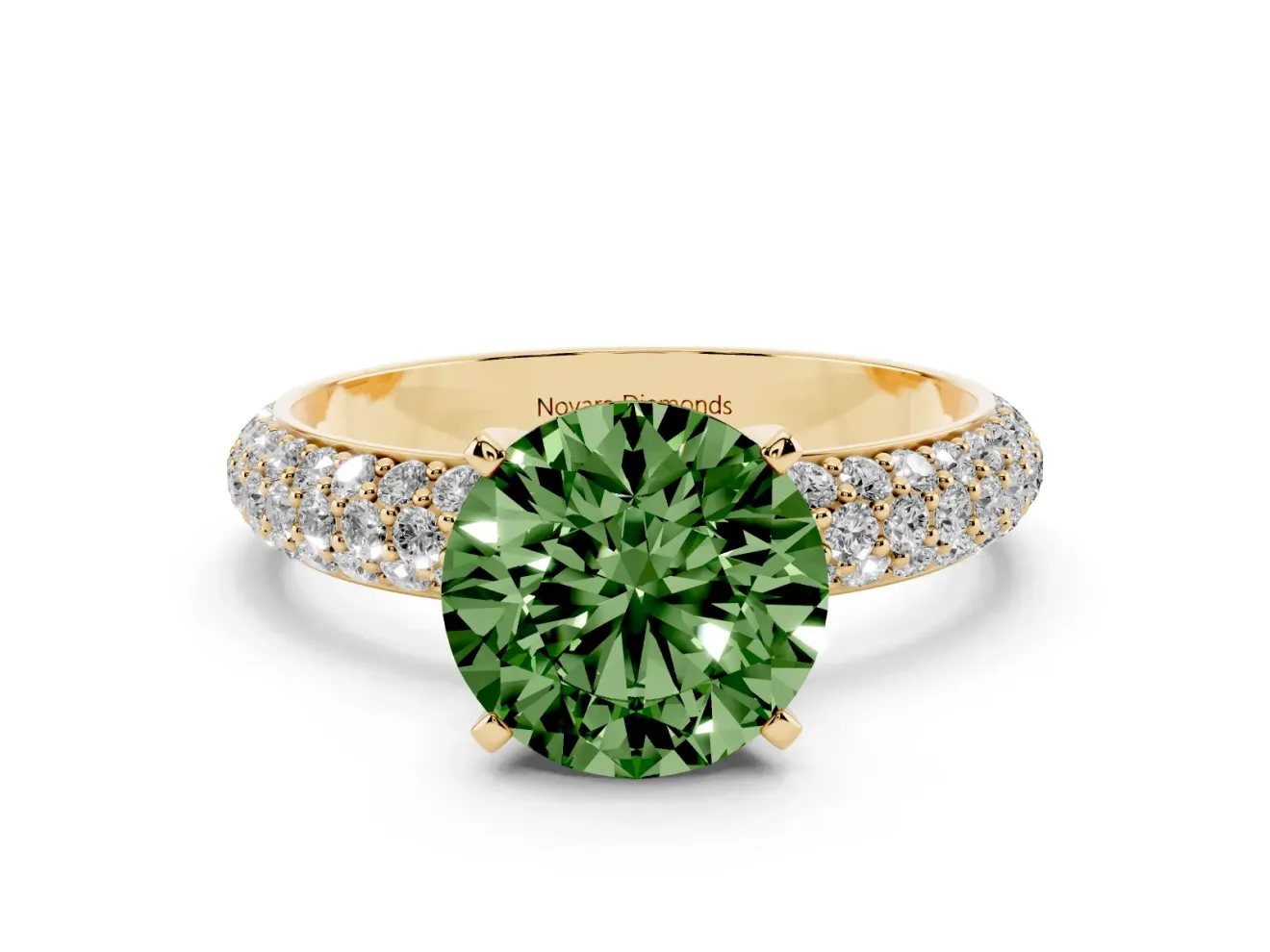 Fancy Green Round Cut Diamond Solitaire Ring Set in Yellow gold with Prong Setting and Pavé-Set Band