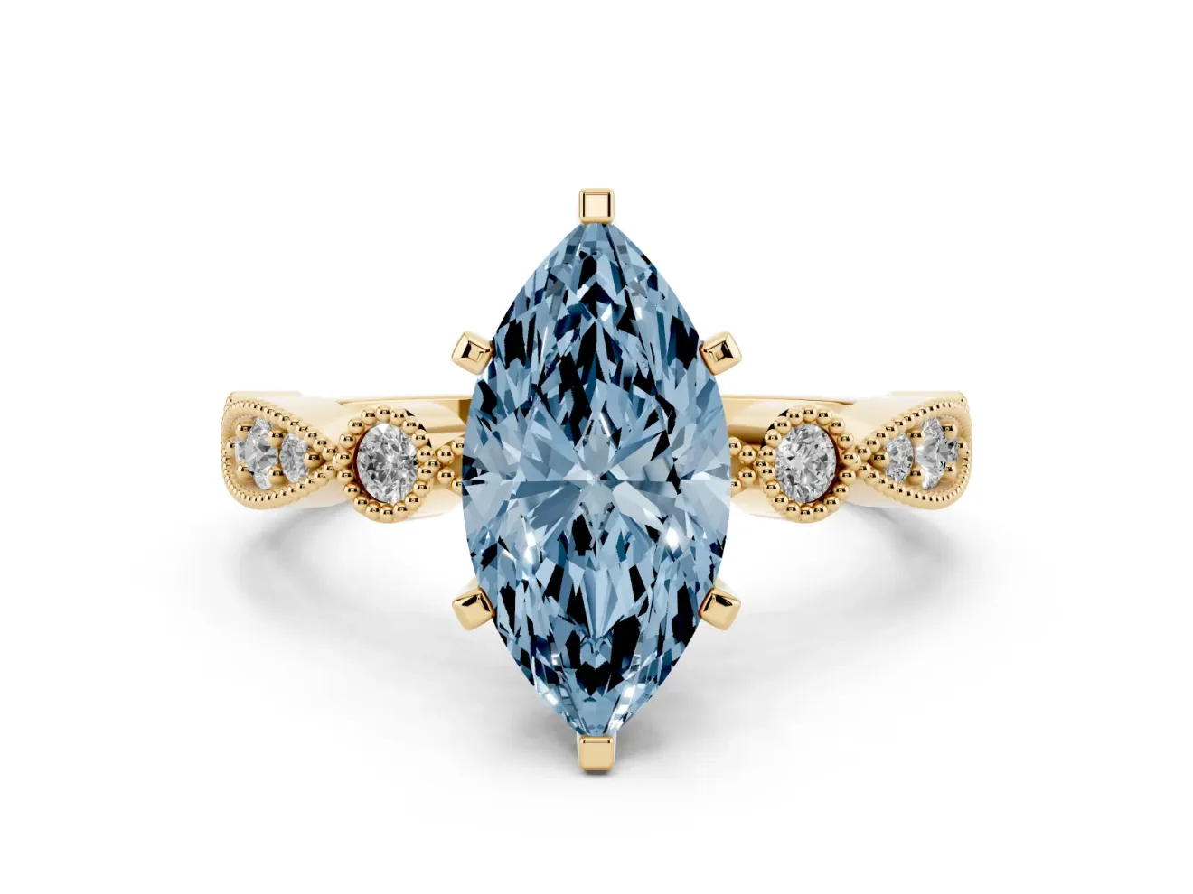 Fancy Blue Marquise Cut Diamond Solitaire Engagement Ring Set in Yellow gold with Milgrain Bezel Accent Band