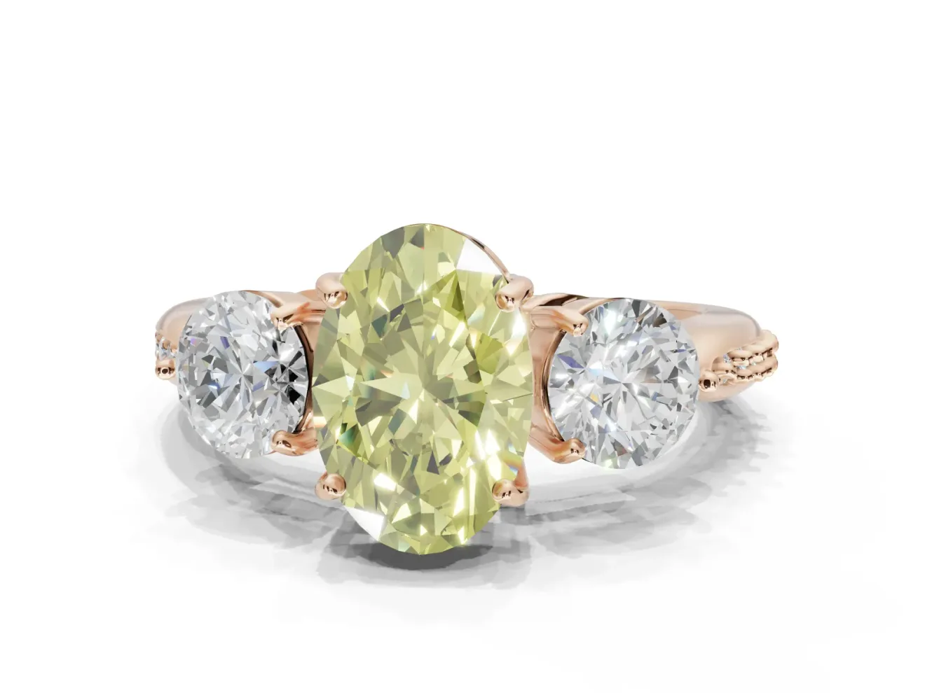 Oval Three Stone Engagement Ring Setting for a Fancy Yellow Lab-Grown Diamond | Tapered Pave Band | Rose Gold