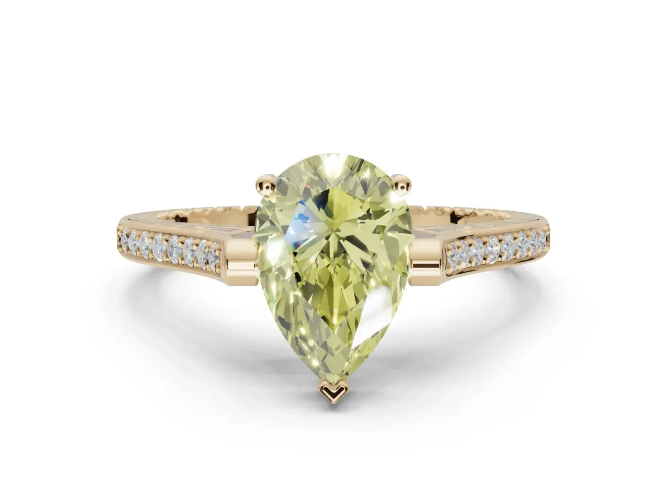 Pear-Shaped Vintage Cathedral Engagement Ring Setting for a Fancy Yellow Lab-Grown Diamond | Carved Band | Yellow Gold