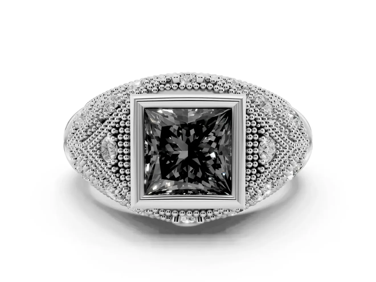 Fancy Black Princess Cut Diamond Bezel Ring Set in Silver with Milgrain Accent Band