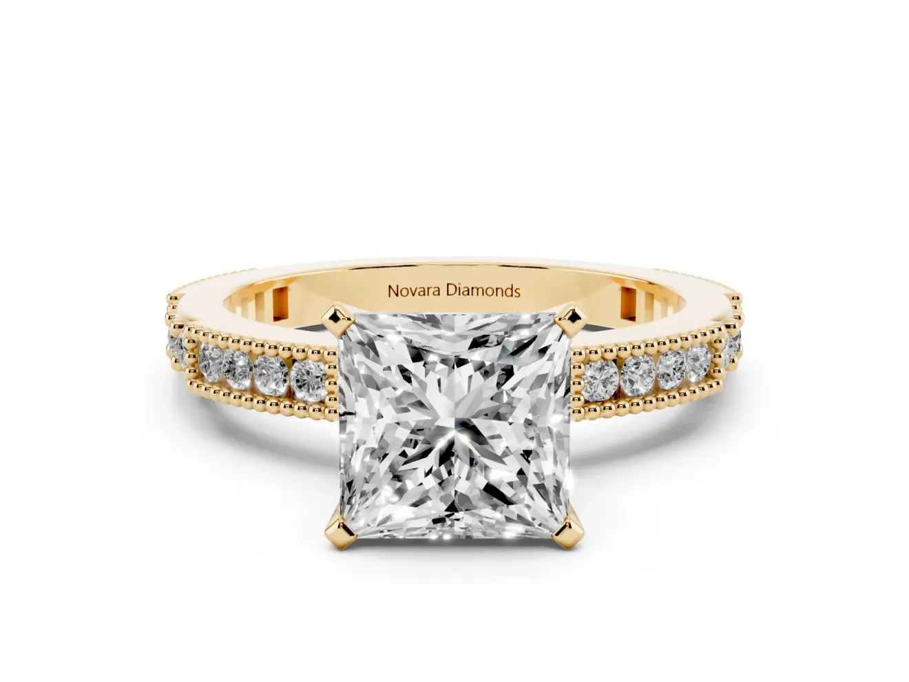 Princess Cut Vintage Pavé Solitaire Engagement Ring Setting | Milgrain Edges | Yellow Gold