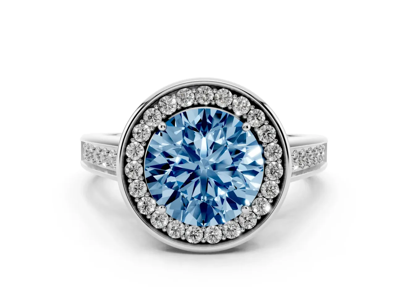 Round Rimmed Halo Engagement Ring Setting for a Fancy Blue Lab-Grown Diamond | Platinum