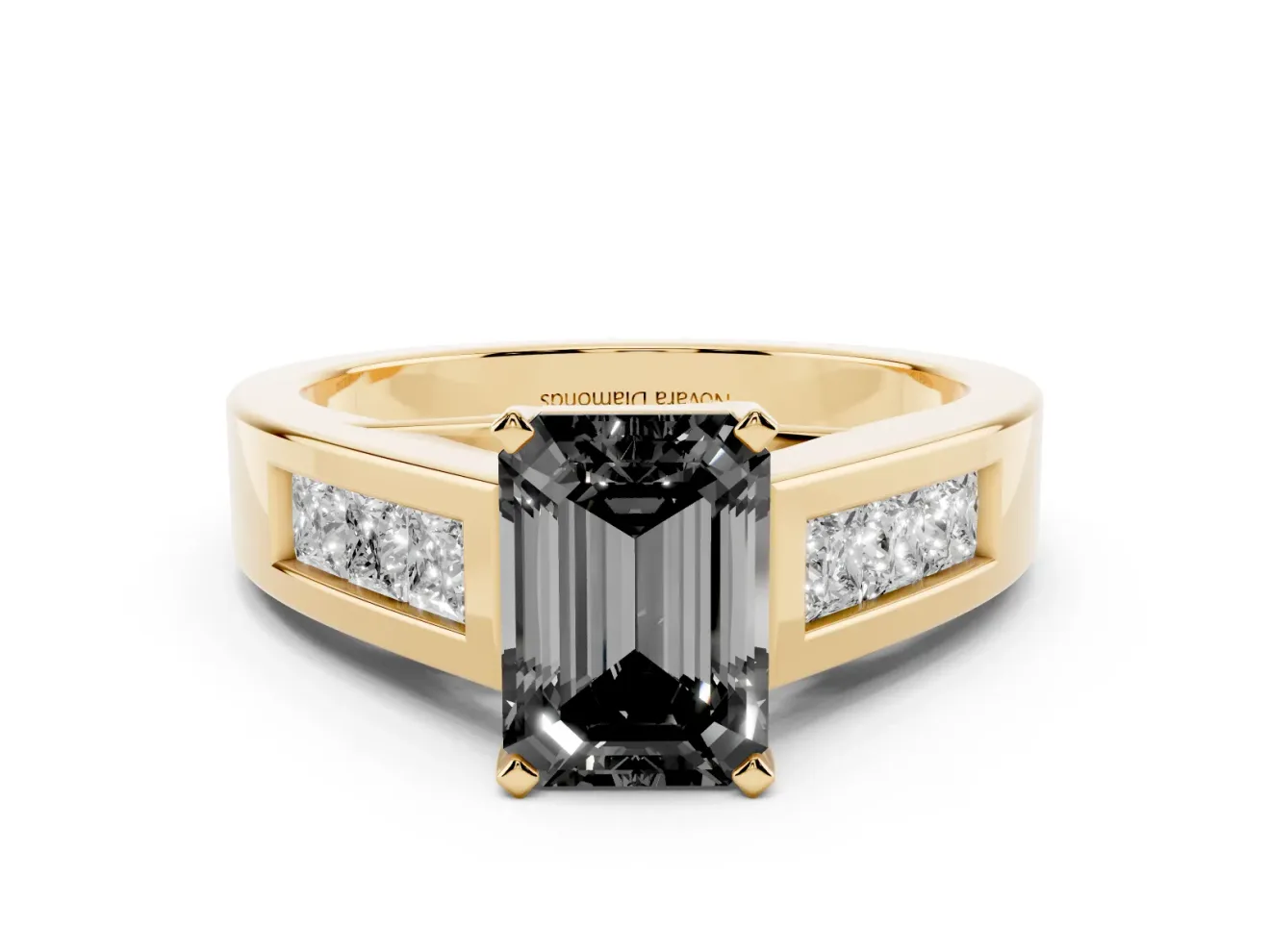 Fancy Black Emerald Cut Diamond Solitaire Ring Set in Yellow gold with Channel-Set Accent Stones and Prong Setting