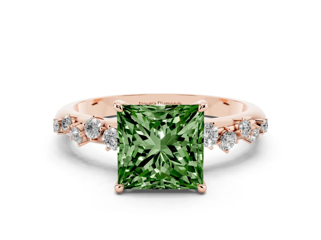 Fancy Green Princess Cut Diamond Cluster Solitaire Ring Set in Rose gold with Prong Setting