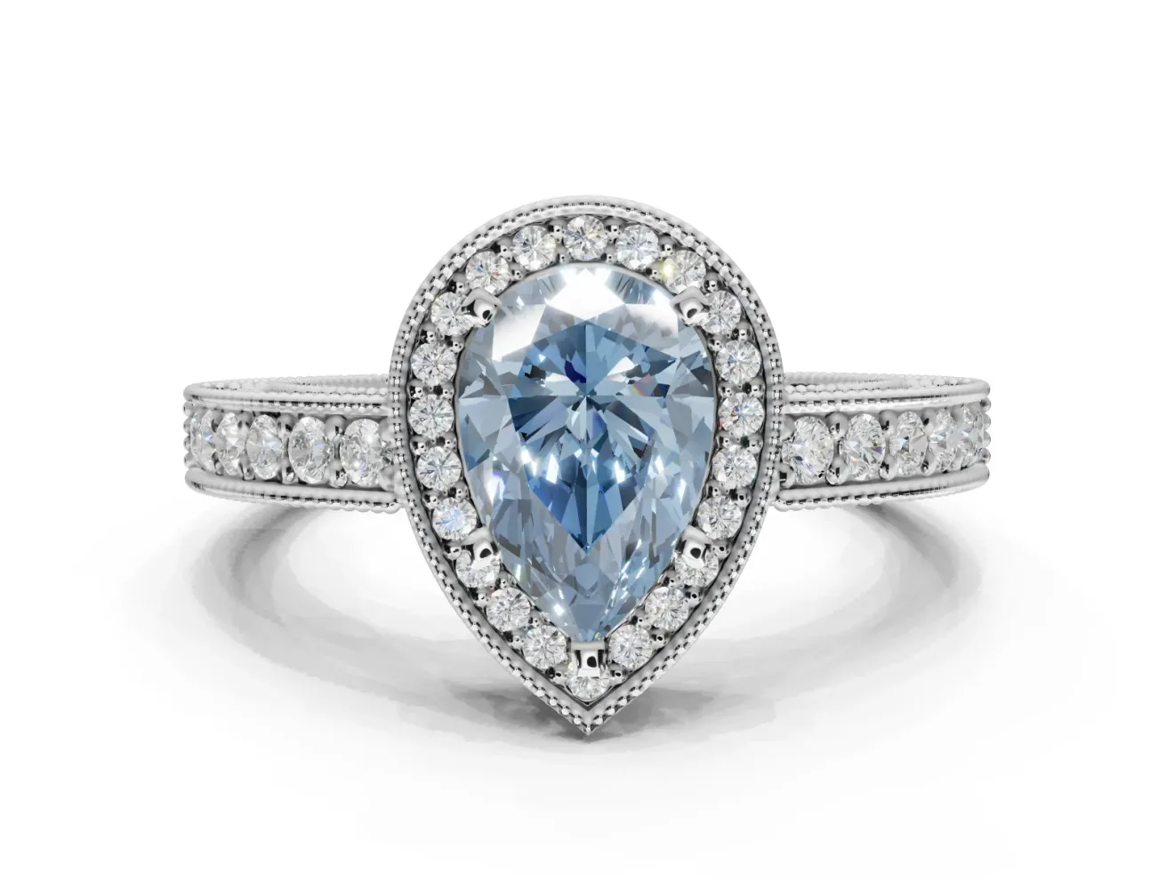 Pear-Shaped Vintage Milgrain Halo Engagement Ring Setting for a Fancy Blue Lab-Grown Diamond | Wide Pavé Band | Platinum
