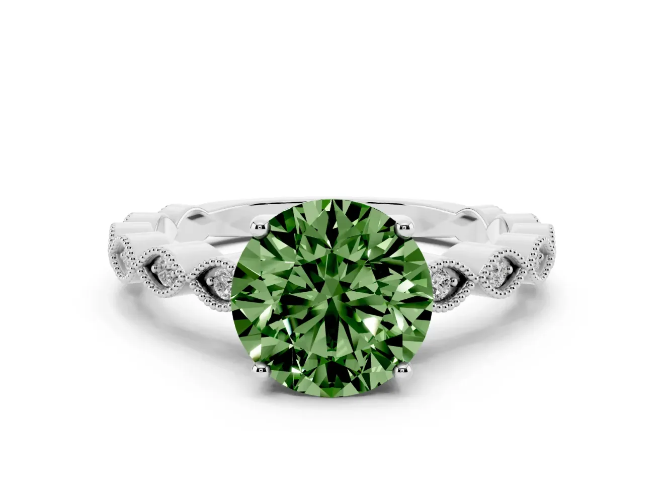 Round Milgrain Solitaire Engagement Ring Setting for a Fancy Green Lab-Grown Diamond | White Gold