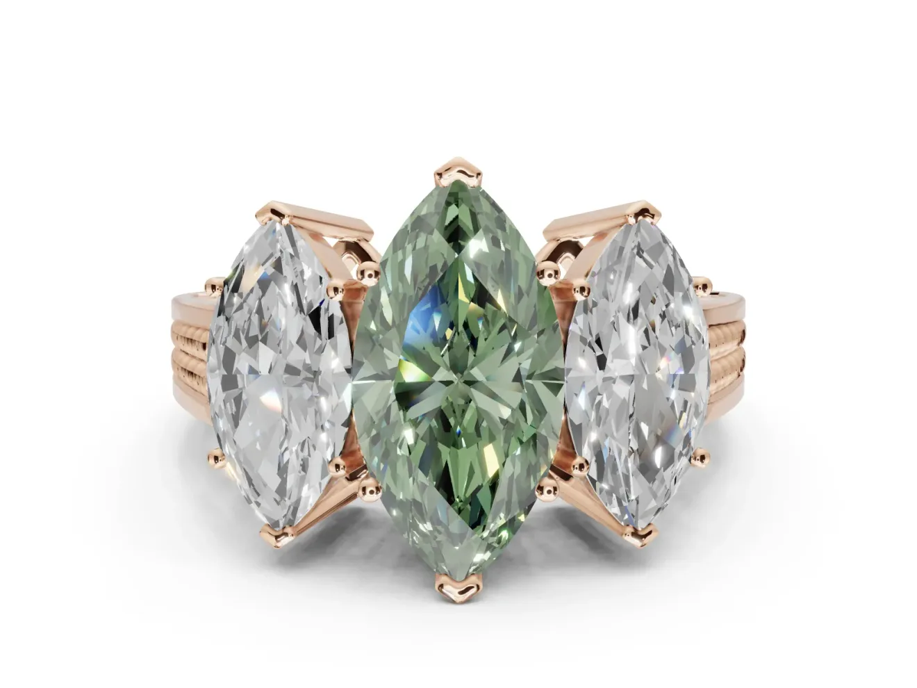 Marquise Three Stone Engagement Ring Setting for a Fancy Green Lab-Grown Diamond | Beaded Shoulders | Rose Gold