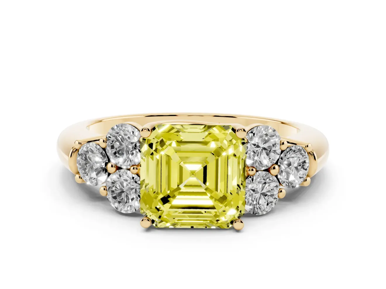 Fancy Yellow Asscher Cut Diamond Cluster Ring Set in Yellow gold with Round Accent Stones and Prong Setting on a Plain Band