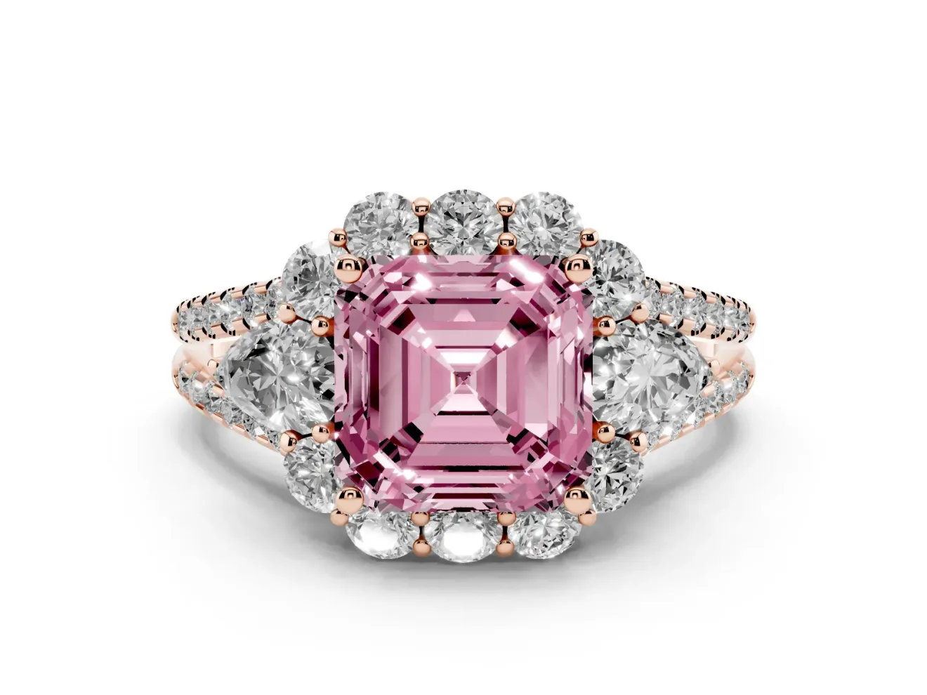 Asscher Cut Scalloped Halo Engagement Ring Setting for a Fancy Pink Lab-Grown Diamond | Pear Side Stones | Rose Gold