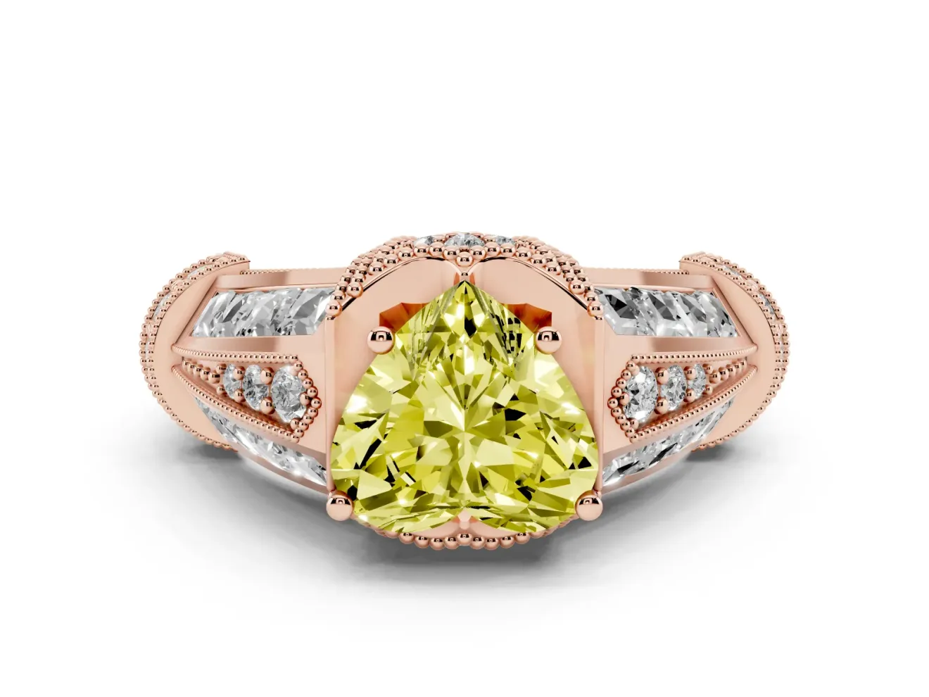 Fancy Yellow Heart Cut Diamond Vintage-Inspired Milgrain Ring Set in Rose gold with Accent Split Shank