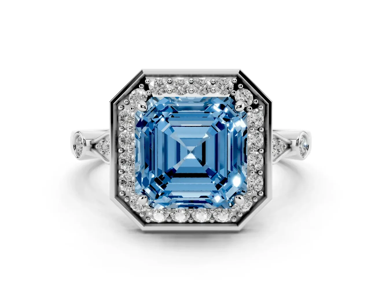 Asscher Cut Halo Engagement Ring Setting for a Fancy Blue Lab-Grown Diamond | Bezel Station Shoulders | Sterling Silver