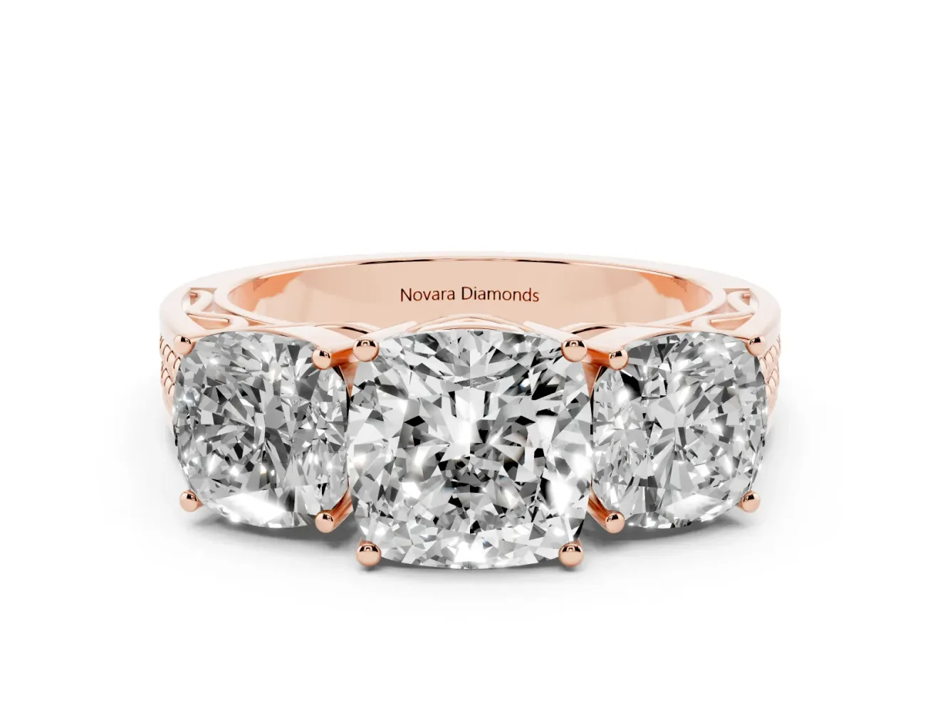 Cushion Cut Three Stone Engagement Ring Setting | Beaded Shoulders | Rose Gold