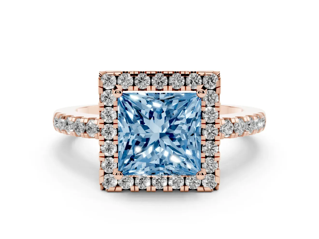 Fancy Blue Princess Cut Diamond Pavé Band Halo Engagement Ring Set in Rose gold with Prong Setting