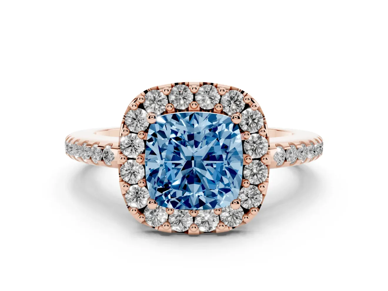 Cushion Cut Pave Halo Engagement Ring Setting for a Fancy Blue Lab-Grown Diamond | Pave Band | Rose Gold