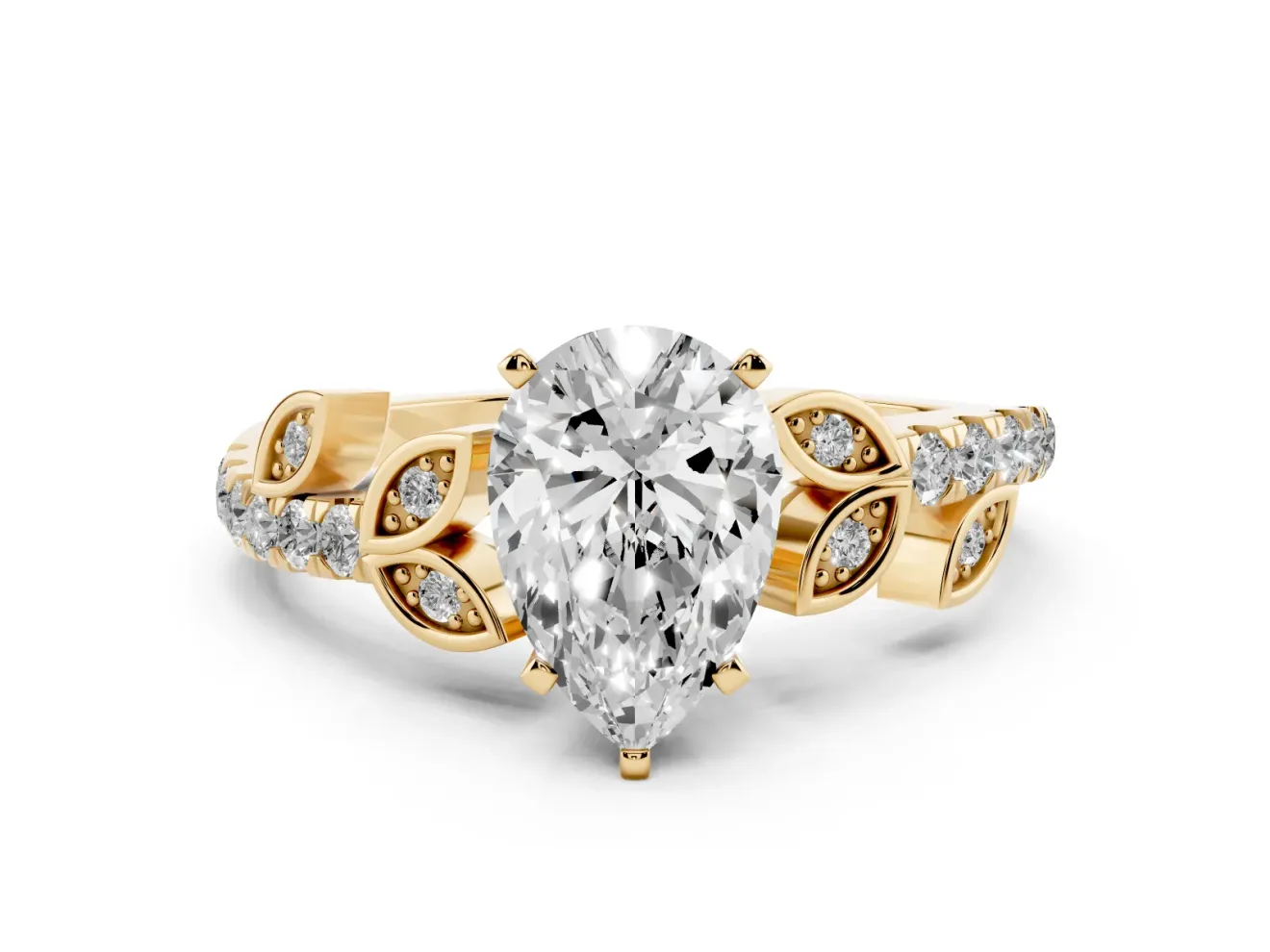 Pear Cut Diamond Solitaire Leaf-Inspired Ring Set in Yellow gold with Pavé Band and Prong Setting