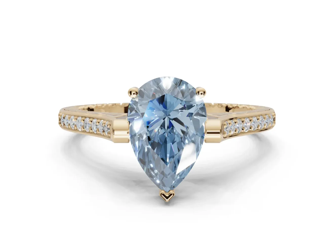 Pear-Shaped Vintage Cathedral Engagement Ring Setting for a Fancy Blue Lab-Grown Diamond | Carved Band | Yellow Gold