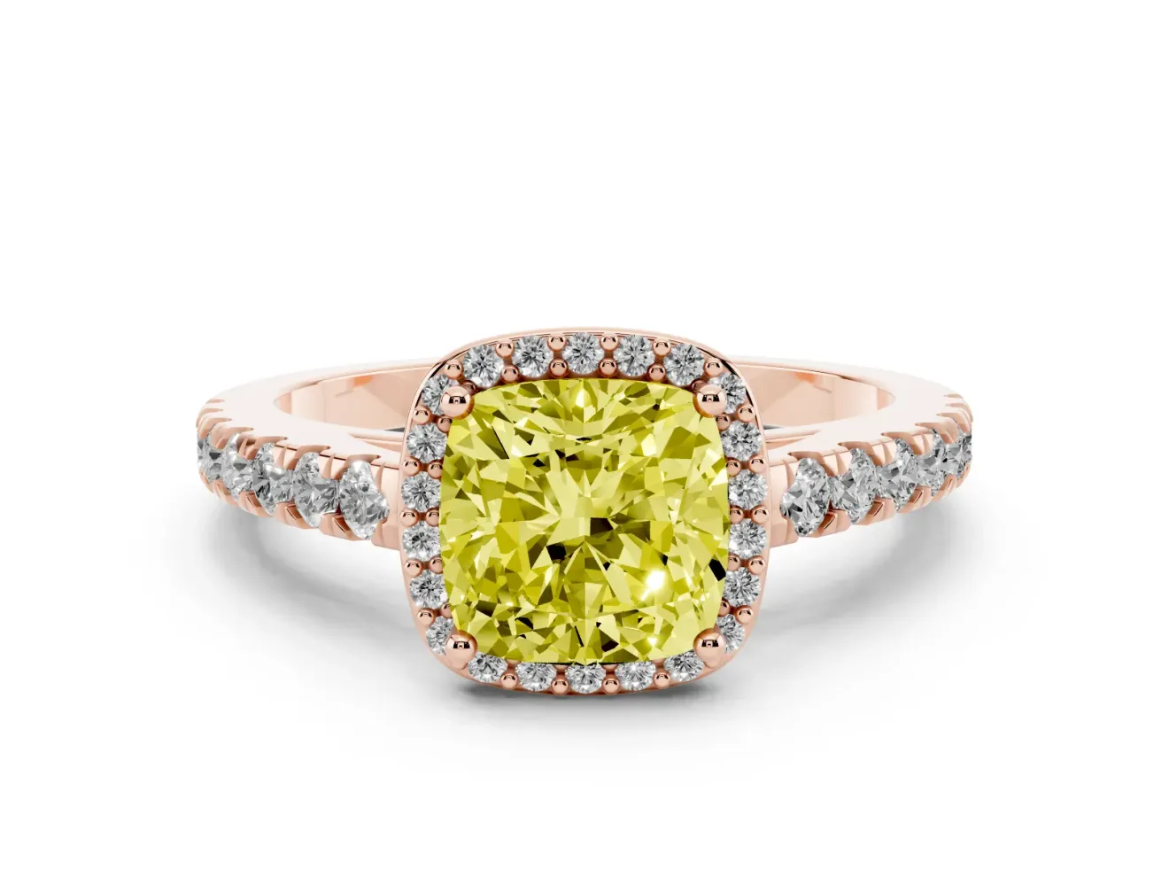 Fancy Yellow Cushion Cut Diamond Halo Engagement Ring Set in Rose gold with Pavé Band and Prong Setting
