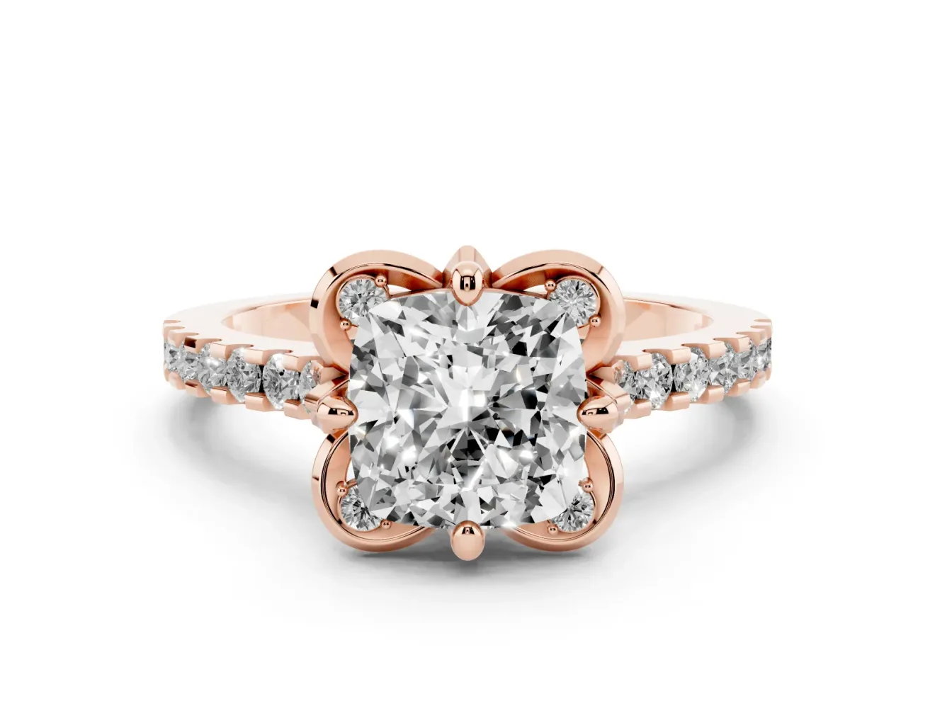 Cushion Cut Floral Petal Engagement Ring Setting | Petal Accents | Rose Gold