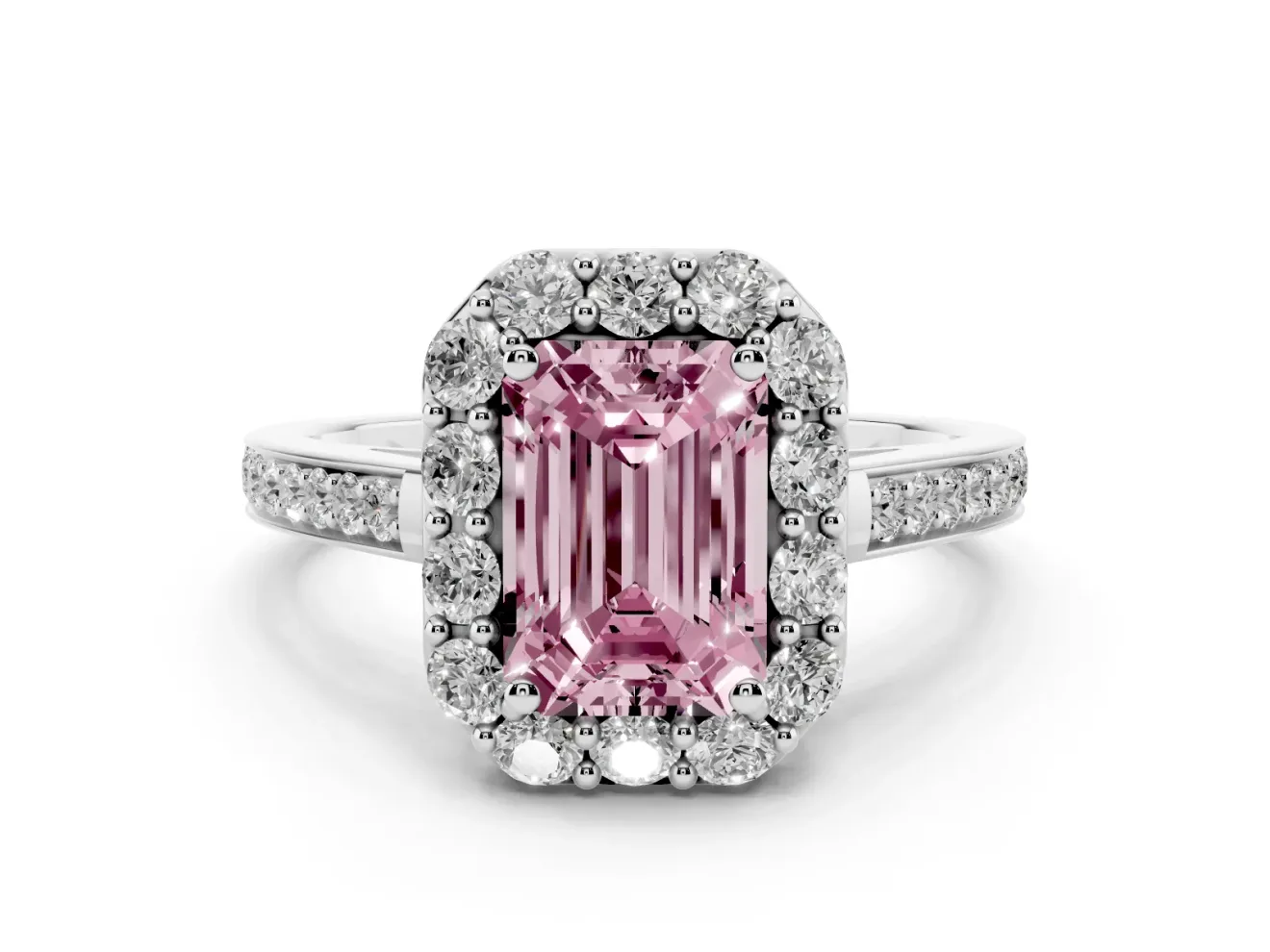 Fancy Pink Emerald Cut Diamond Floral Halo Ring Set in Platinum with Pavé Band and Prong Setting