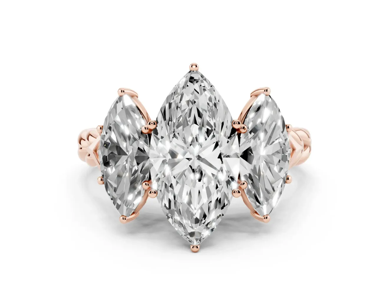 Marquise Cut Diamond Three-Stone Ring Set in Rose gold with Braided Band
