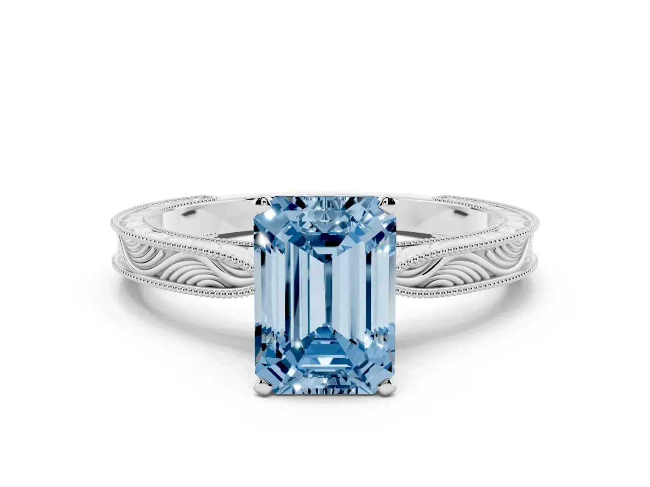 Fancy Blue Emerald Cut Diamond Solitaire Milgrain Engraved Band Set in Silver with Prong Setting