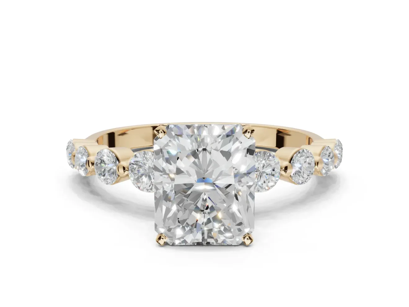 Radiant Cut Graduated Side Stone Engagement Ring Setting | Individually Seated | Yellow Gold