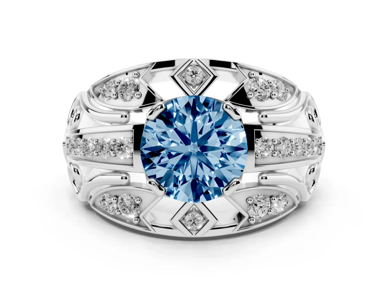 Round Art Deco Graduated Engagement Ring Setting for a Fancy Blue Lab-Grown Diamond | Platinum
