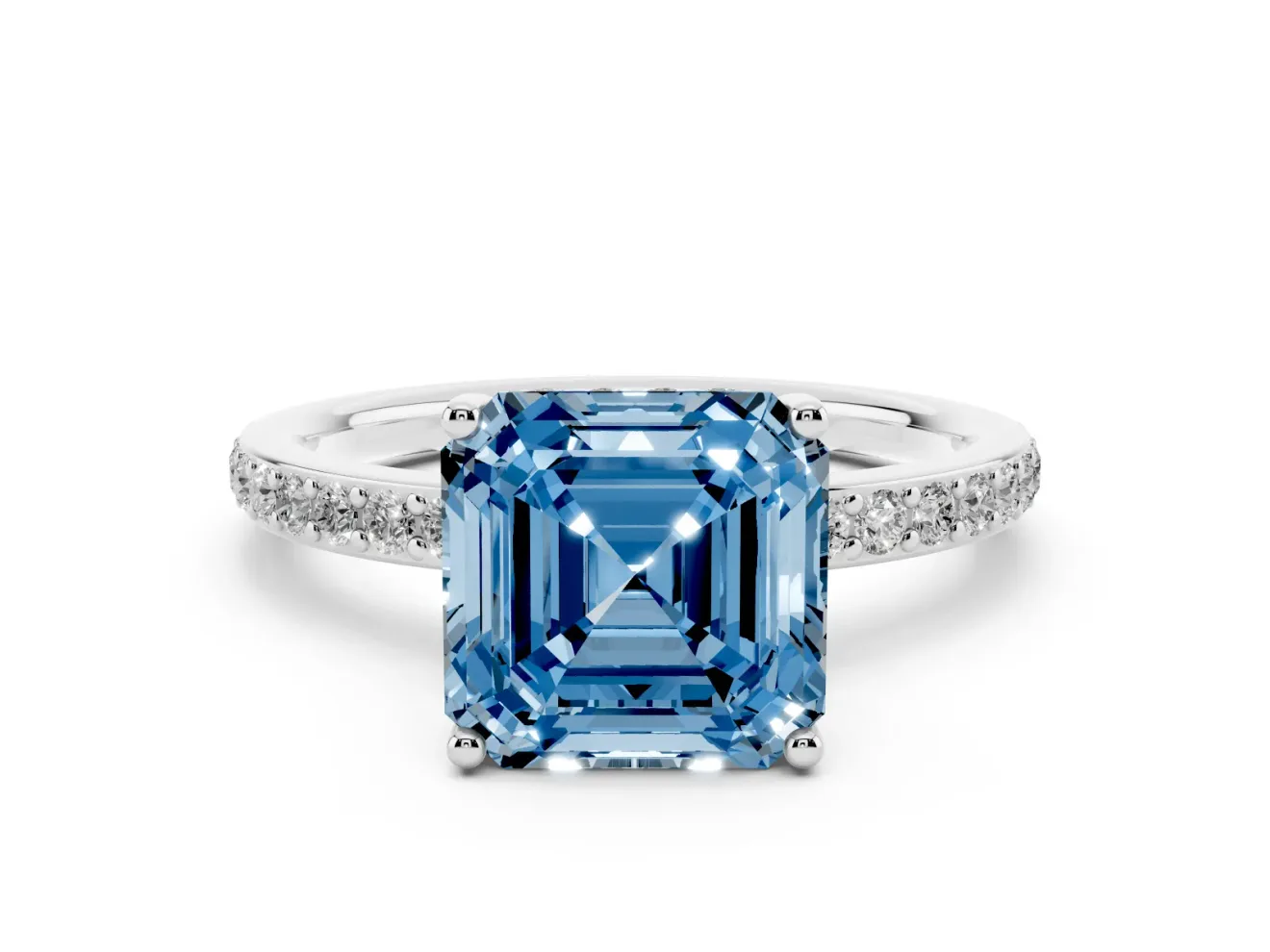 Fancy Blue Asscher Cut Diamond Pavé Band Ring Set in Silver with Prong-Set Center Stone