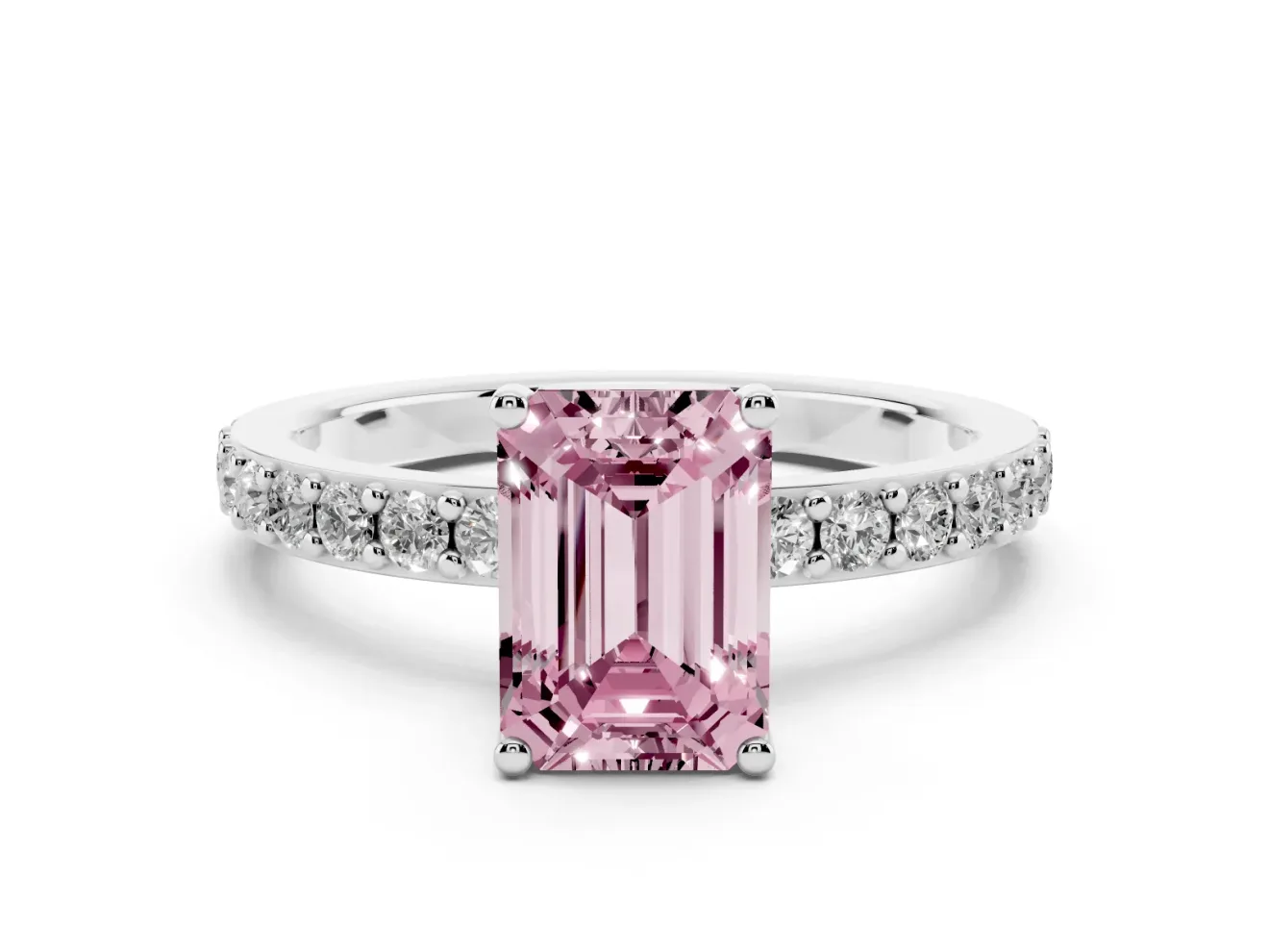 Fancy Pink Emerald Cut Diamond Solitaire Set in White gold with Round Pavé Band and Prong Setting