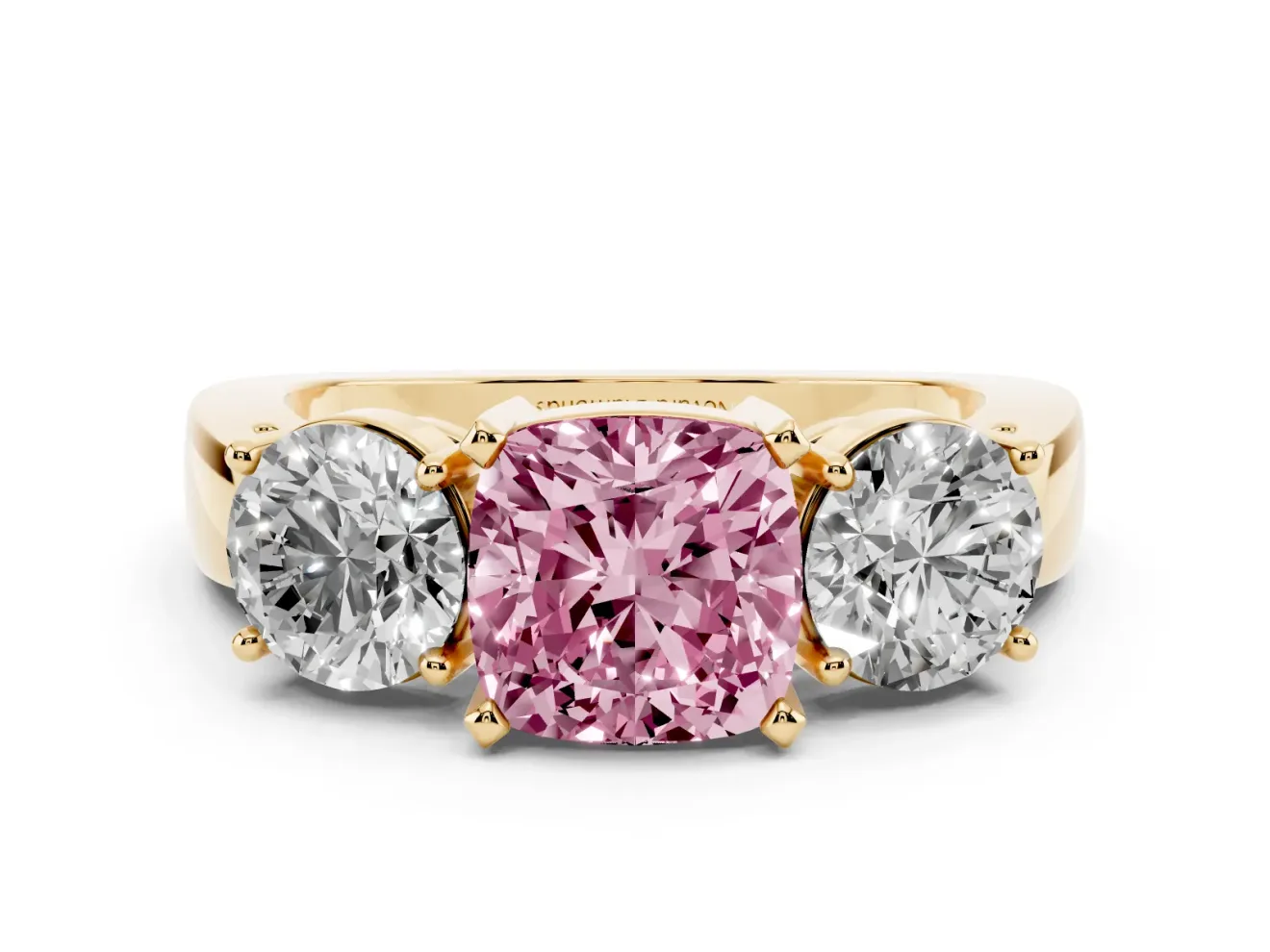 Cushion Cut Three Stone Engagement Ring Setting for a Fancy Pink Lab-Grown Diamond | Wide Plain Band | Yellow Gold