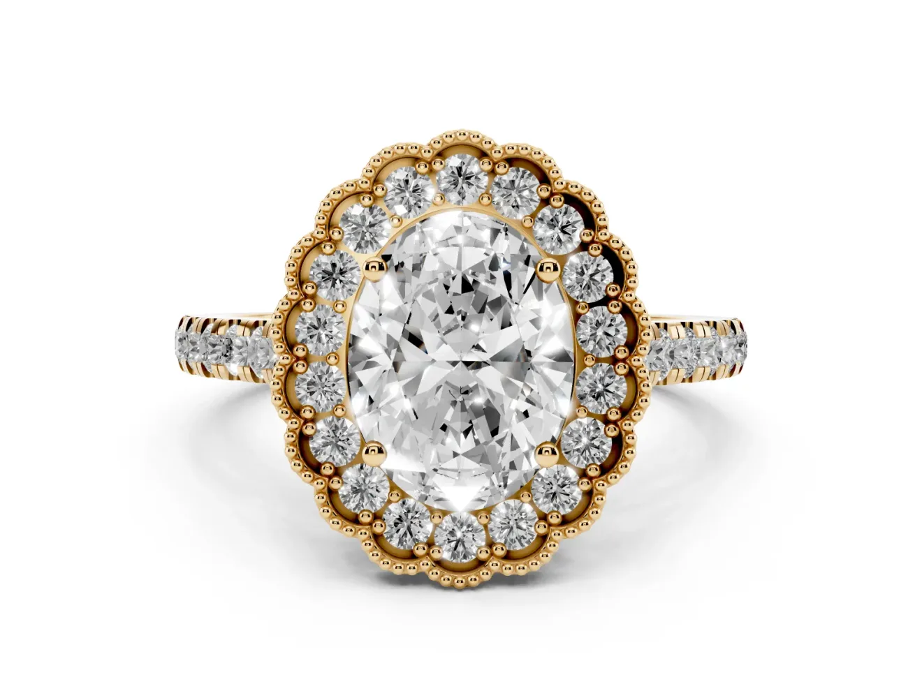 Oval Vintage Milgrain Floral Halo Engagement Ring Setting | Pavé Band | Yellow Gold