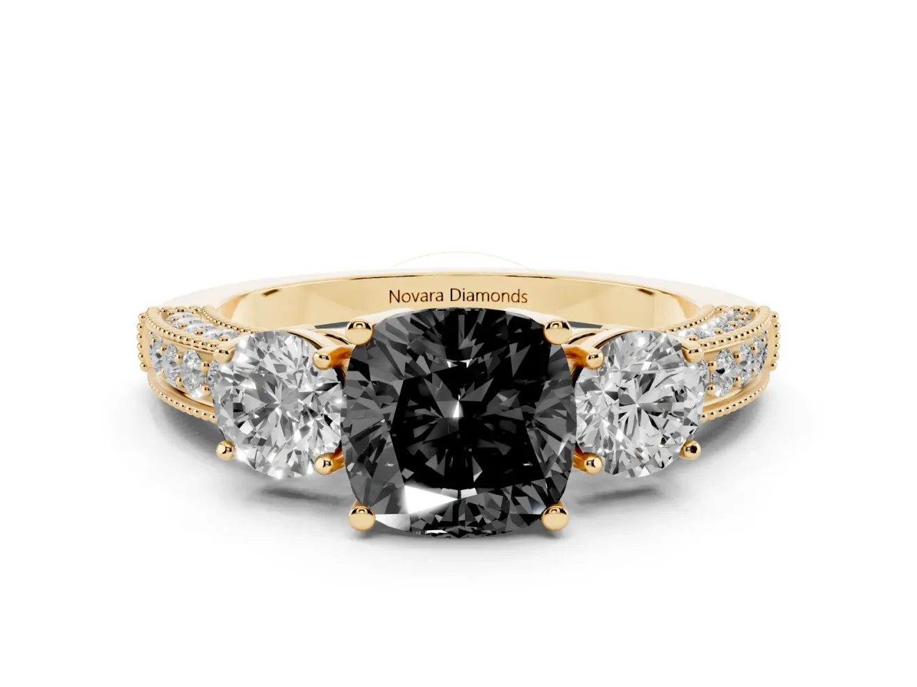 Fancy Black Cushion Cut Diamond Three-Stone Ring Set in Yellow gold with Round Side Stones and Pavé Band