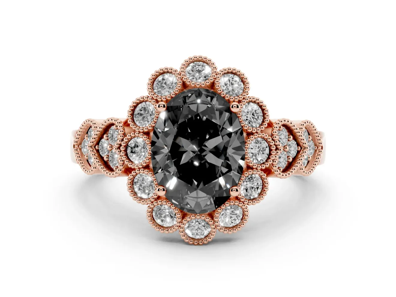 Oval Scalloped Halo Engagement Ring Setting for a Black Center | Heart Pavé Band | Rose Gold