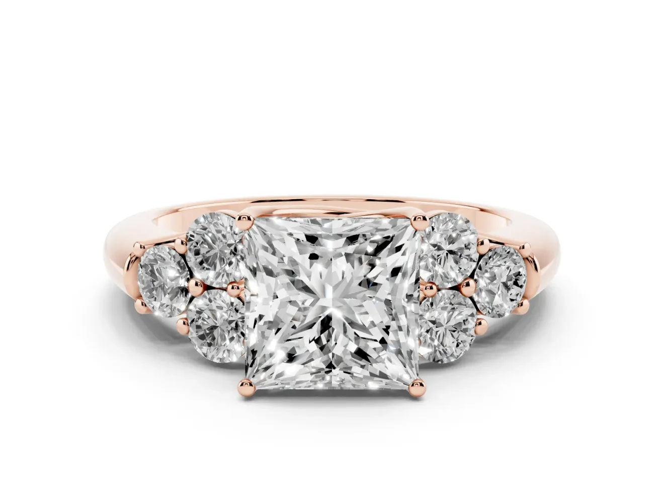 Princess Cut Side Stone Engagement Ring Setting | Triangle Side Clusters | Rose Gold