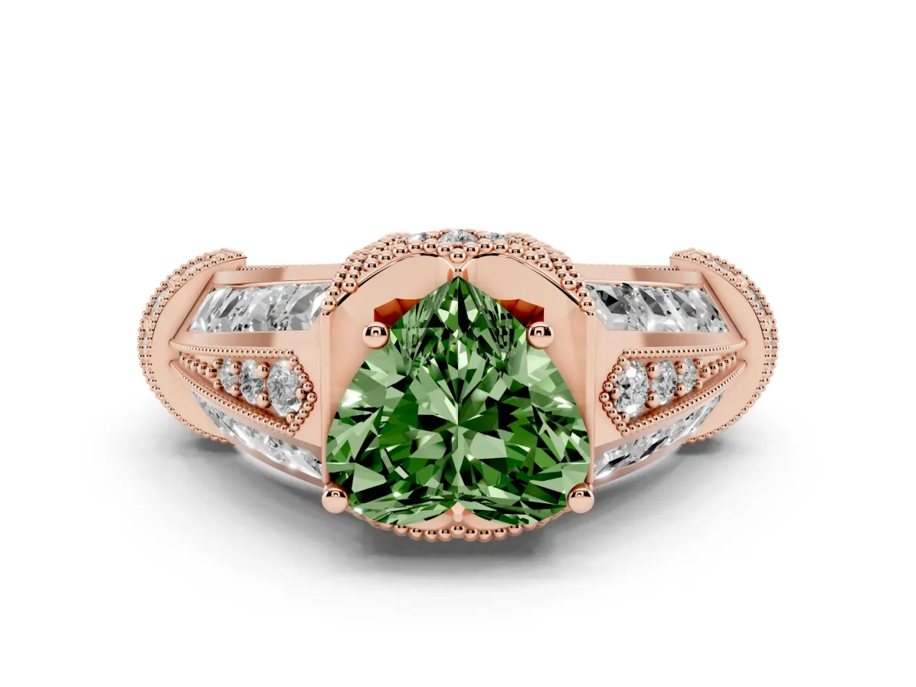 Heart-Shaped Vintage Milgrain Engagement Ring Setting for a Fancy Green Lab-Grown Diamond | Hidden Halo | Rose Gold