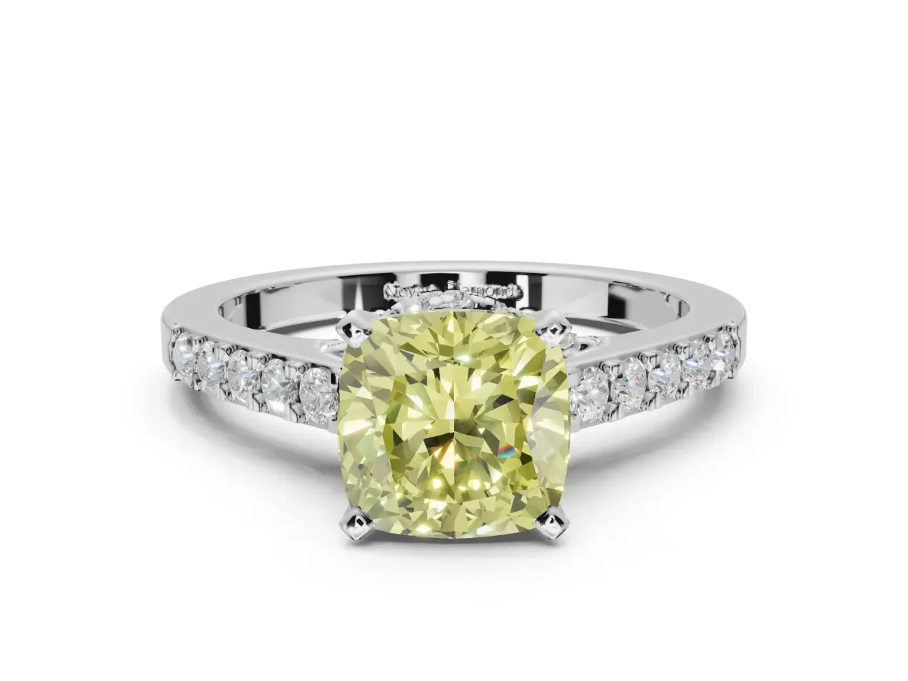 Cushion Cut Pavé Solitaire Engagement Ring Setting for a Fancy Yellow Lab-Grown Diamond | Crossover Gallery | White Gold