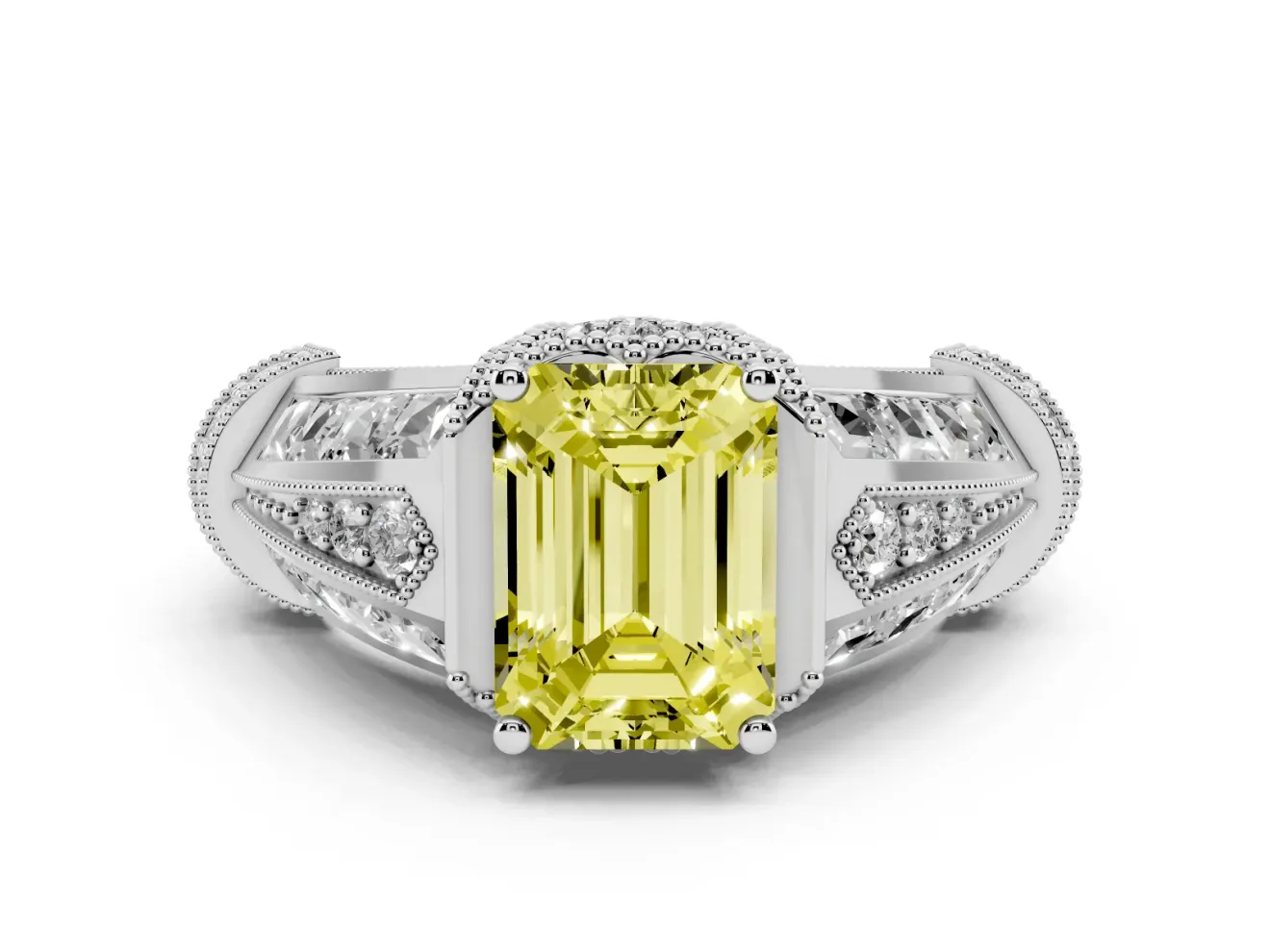 Fancy Yellow Emerald Cut Diamond Vintage-Inspired Milgrain Ring Set in Platinum with Accent Split Shank