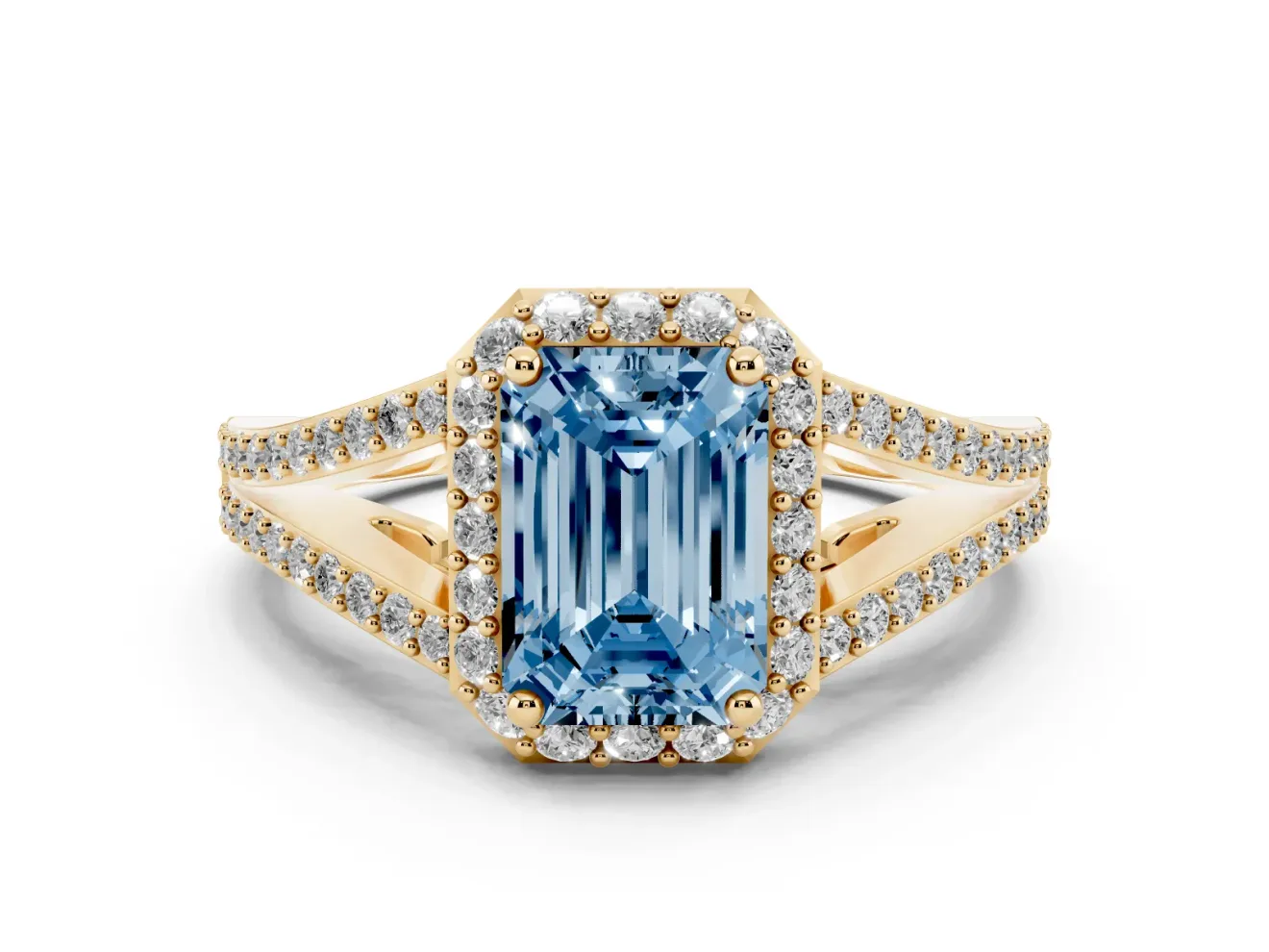 Emerald Cut Halo Engagement Ring Setting for a Fancy Blue Lab-Grown Diamond | V-Split Pavé Band | Yellow Gold