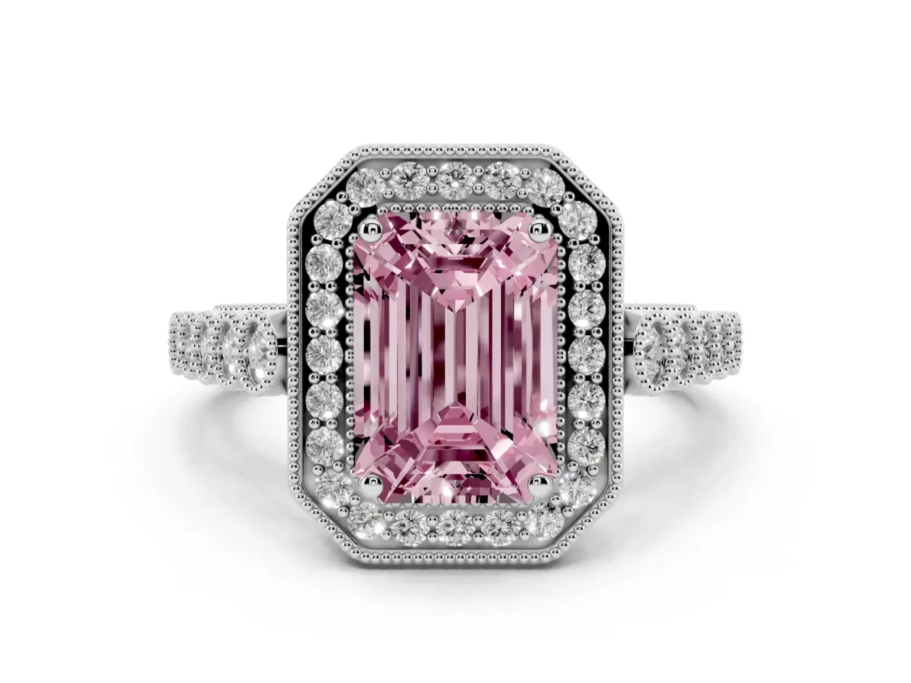 Emerald Cut Graduated Milgrain Halo Engagement Ring Setting for a Fancy Pink Lab-Grown Diamond | Platinum