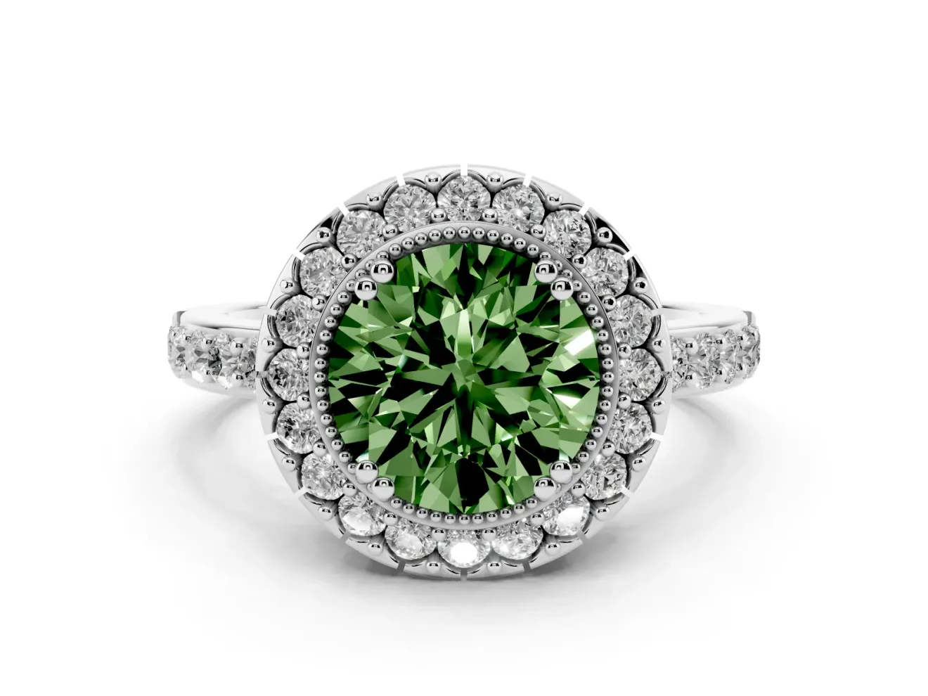 Round Vintage Milgrain Halo Engagement Ring Setting for a Fancy Green Lab-Grown Diamond | Pierced Gallery | White Gold