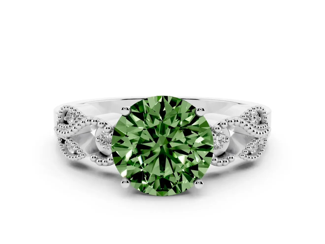 Fancy Green Round Cut Diamond Milgrain Leaf Band Solitaire Ring Set in Platinum with Accent Stones and Prong Setting