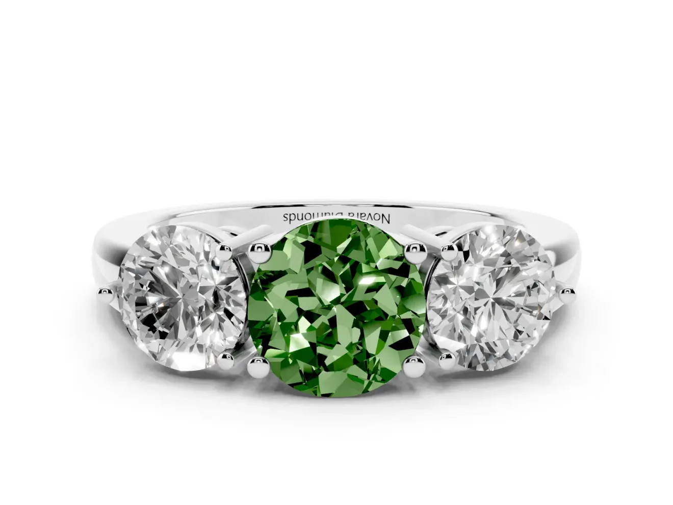 Round Three Stone Engagement Ring Setting for a Fancy Green Lab-Grown Diamond | Plain Band | Sterling Silver
