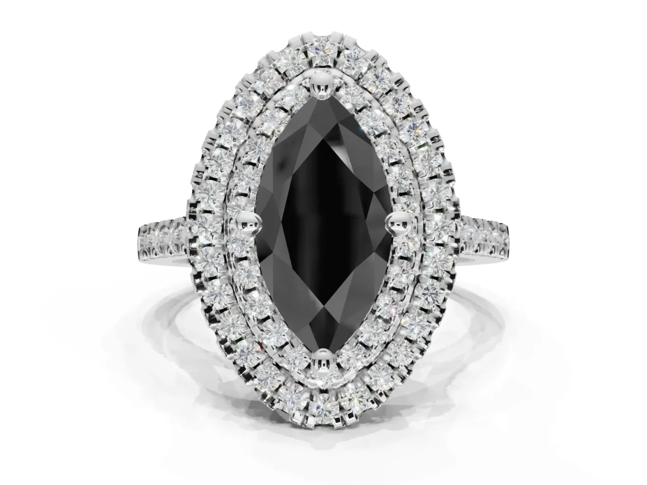 Marquise Double Halo Engagement Ring Setting for a Black Center | Pavé Shoulders | White Gold