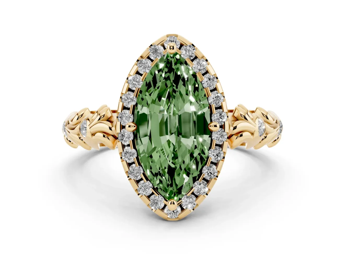 Marquise Leaf Halo Engagement Ring Setting for a Fancy Green Lab-Grown Diamond | Yellow Gold