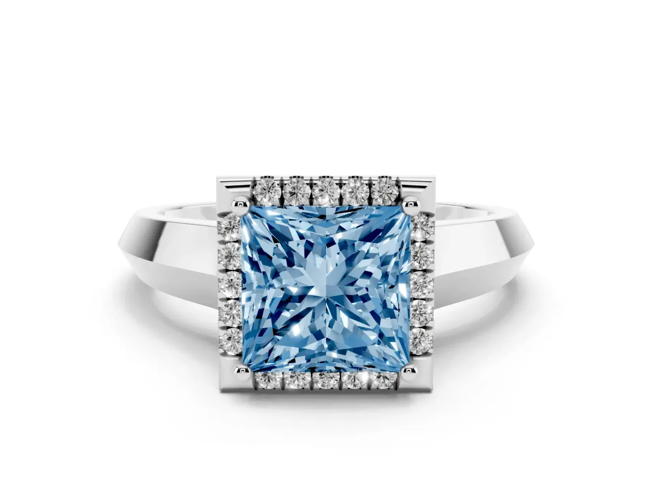 Fancy Blue Princess Cut Diamond Halo Ring Set in Platinum with Cathedral Band and Prong Setting